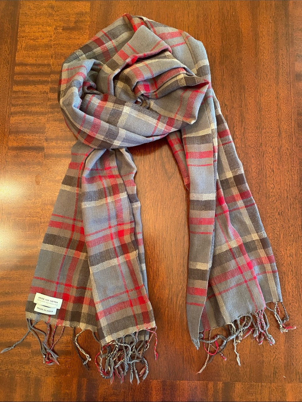 Dries Van Noten Gray Plaid Wool Scarf with Red Accents